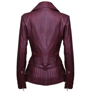 Veste moto en cuir véritable pour femme, col ouvert, manches longues, fermeture éclair, couleur unie, coupe classique, automne - Product Image 3
