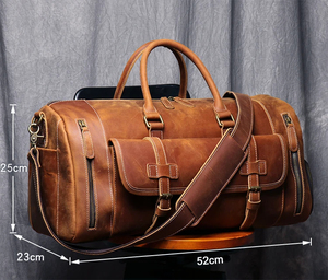 Genuine Leather Foldable Portable <b>Duffel</b> <b>Bag</b> Weekender Travel Carry-On with Zipper Closure Adjustable Strap Brown - Product Image 3