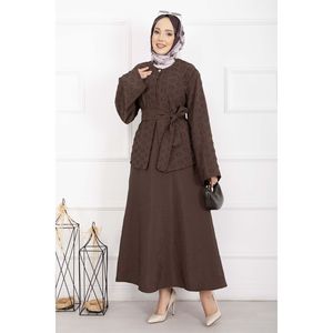 Conjunto de Dos Piezas para Mujer en Color Café, Falda Texturizada con Cinturón y Blazer, Diseño de Dos Piezas - Product Image 1
