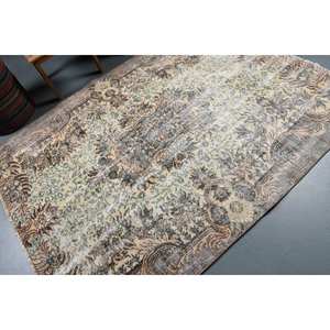 Tapis turc vintage en laine beige brun classique 5,3 x 7 pieds, écologique, poil moyen, motif patchwork, support en latex, utilisation en salle à manger - Product Image 2