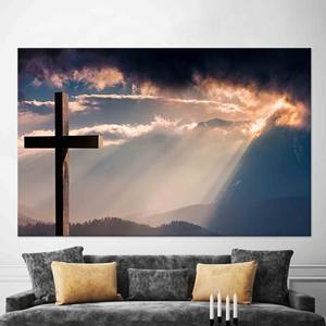 Impression sur toile élégante de croix chrétienne, art de la montagne au lever du soleil, affiche de Jésus-Christ, toile encollée - Product Image 1