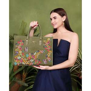 Bolso Tote Bohemio Priglob Exim de Cuero Vegano con Bordado de Hilo de Algodón para Mujer, Verde Oliva, Alta Calidad, Todas las Temporadas, PickAleaf Hasps - Product Image 2