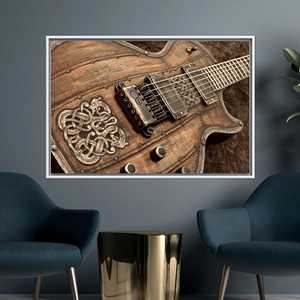 Impresión en lienzo de guitarra eléctrica rústica, arte vintage de madera y metal, 1 pieza: con marco blanco - Product Image 1
