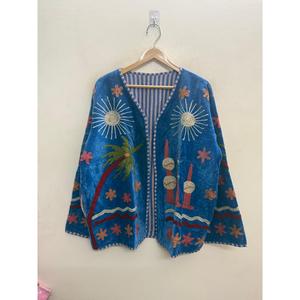 Cobalt Blue Suzani-Embroidered <b>Velvet</b> <b>Jacket</b> Desert Nightfall Outerwear with Sunburst & Palm Motifs - Product Image 3