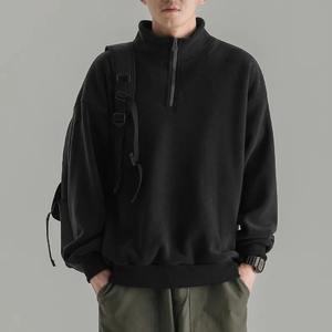 Sweat-shirt polaire demi-zippé pour homme avec col montant, couleur unie, épais, double face, haut d'automne, vêtement d'extérieur avec logo frontal - Product Image 4