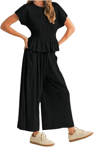 Conjunto informal de lino y algodón negro para mujer, Top de manga corta con cuello redondo y pantalones de pierna ancha, cómodo atuendo de dos piezas - Product Image 2