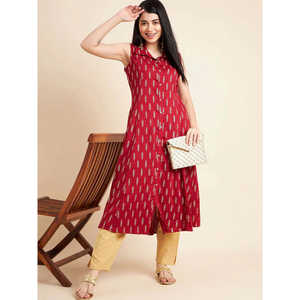 Kurta décontractée pour femme, coupe trapèze, sans manches, imprimé floral, en coton bordeaux, taille unique, taille naturelle, respirante, design ODM pour le quotidien - Product Image 2