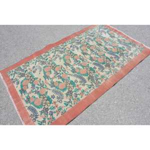 พรมตุรกีโบราณสีส้มสีเขียวส้ม3.7 x 6.5ft ขนสัตว์ดีไซน์เย็บปะติดปะต่อกันทำจากยางวัสดุวิสคอสสำหรับใช้ชีวิต - Product Image 4