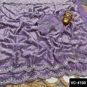 Mariage indien et vêtements de fête Collections de soie pure espace doux avec broderie lourde et travail de séquence Blouse Saree à bas prix - Product Image 6