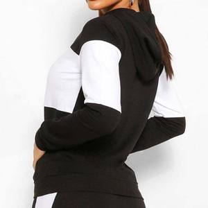 Conjunto de chándal de cuello redondo de bloque de Color de algodón 100% transpirable de Invierno para mujer cintura elástica deportiva - Product Image 3