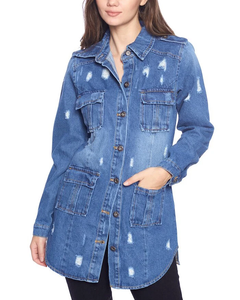 "Veste en jean longue pour femme | Manteau en jean déchiré à la mode avec poches Vêtements d'extérieur décontractés en denim surdimensionnés Veste en jean boutonnée élégante" - Product Image 3