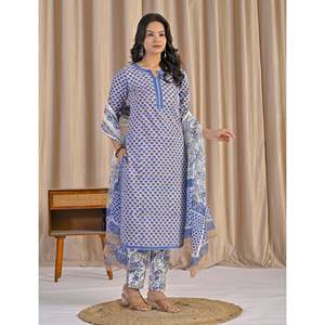 Conjunto Casual de Kurta y Pantalón de Algodón Beige con Estampado a Mano - Product Image 6