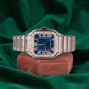 Luxury Square Moissanite Iced Watch Stainless Steel Blue Dial Date Sapphire Glass Waterproof Dress T*mep*ece - Product Image 1