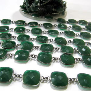 Green Onyx Chalcedony 13mm <b>Cushion</b> Briolette Shape Gemstone Bezel Connector Chain Sold Per <b>Foot</b> Handmade Chain - Product Image 1