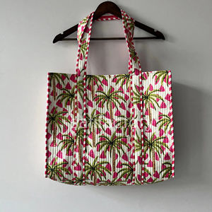 Bolsa de Algodón Acolchada de Palma Tropical Hecha a Mano Ecológica para Bolsa de Viaje Rosa Cierre Abierto Verano Vacaciones Playa Shopper Regalo - Product Image 1