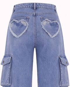 Pantalon cargo en jean à taille haute et jambes larges pour femmes, personnalisé par le fabricant, bleu, avec patch en forme de cœur, multi-poches, streetwear, jeans tendance - Product Image 3