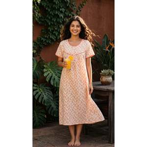 Women's Floral Cotton <b>Long</b> Sleeves Round Neck Button Placket Quick Dry Short <b>Nighty</b> Soft Comfortable Sleepwear EVOLOVE X VENUS - Product Image 6
