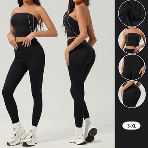 YIYI Ensemble <span class=keywords><strong>de</strong></span> yoga 2 pièces color block pour <span class=keywords><strong>femme</strong></span>, comprenant un haut bustier sans bretelles et une <span class=keywords><strong>tenue</strong></span> <span class=keywords><strong>de</strong></span> sport taille haute avec rembourrage pour le fessier - Product Image 1