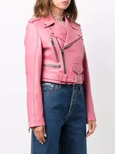 Womens Real <b>Pink</b> Leather Biker <b>Jacket</b> Belted Waist Asymmetrical Zip Lapel Collar Sheepskin Motorcycle Coat Custom Short Outwear - Product Image 3