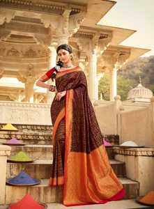 Bollywood último diseñador fiesta desgaste Banarasi Katan seda Sari Blusa con trabajo impreso mayorista y fabricante de la India - Product Image 6