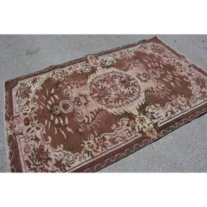 Vintage Turkish Rug 4.8 X 7.7ft Classic Brown Beige Patchwork Design Wool Faux Rabbit Fur Latex Rectangle Hallway for Bedside - Product Image 4