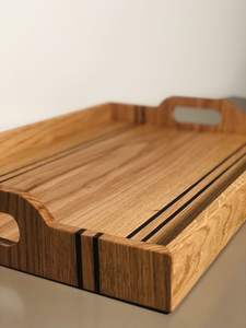 Vente en gros, plateau de service rond en bois de noyer brun rustique de petite taille personnalisé avec poignées, plateaux pour sarfophages naturels - Product Image 6