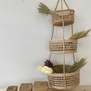 Garde-manger suspendu à 3 niveaux en jonc de mer naturel vintage, accessoires de cuisine, paniers polyvalents avec cordes - Product Image 6