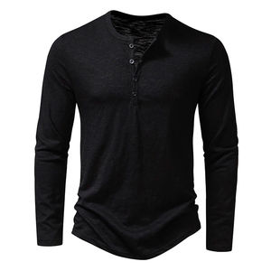Chemise Henley pour homme en coton respirant noir à manches longues, chemises décontractées avec poche, patte de boutonnage, vêtements de tous les jours, t-shirts pour homme - Product Image 4