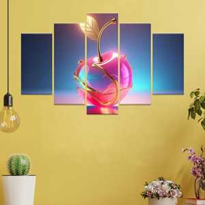 Art mural cerise dorée, impression sur toile de fruits roses brillants, affiche en verre style moderne glamour, lot de 5 tableaux encadrés - Product Image 1