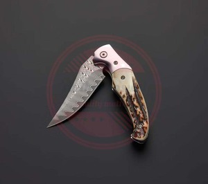 Custom Handmade Damascus Steel Folding Pocket Knife With Leather Sheath Wood Handle Damascus Folding Knife - Product Image 4