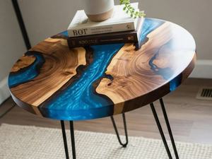 Table à manger en bois d'acacia en résine moderne de luxe faite à la main, résine bleue, imperméable, table de salon, mariage, retraite, Diwali - Product Image 2