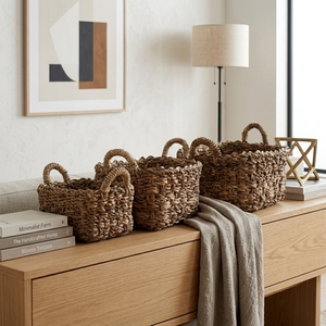 Natural Banana Bark Storage <b>Basket</b> Set Chunky Cross Knot Braid <b>Rectangular</b> Bin Arch Handle Tray Pure Art Setup Room Decor Crafts - Product Image 4