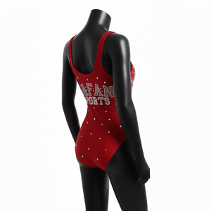 Maillot de bain une pièce premium 220 GSM en polyester et élasthanne, orné de strass rouges, avec ceinture et impression de logo personnalisée, pour femme - Product Image 4