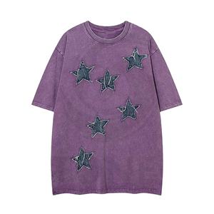 T-shirt personnalisé en coton épais lavé à l'acide Streetwear Chemise à broderie d'appliques en détresse T-shirt pour femmes T-shirt en détresse - Product Image 1