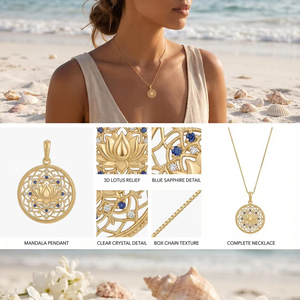 Collana Artistica con Zircone Blu e Mandala a Loto, Catena Figaro Placcata Oro 18K, Gioiello di Carattere per Centri di Meditazione, Vendita all'Ingrosso - Product Image 2