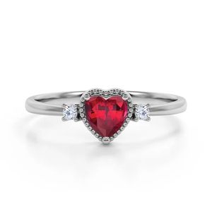 1,05 quilates corazón corte laboratorio creado rubí 3 piedra diamante anillo de compromiso 925 plata esterlina anillo clásico oro blanco rodio - Product Image 4
