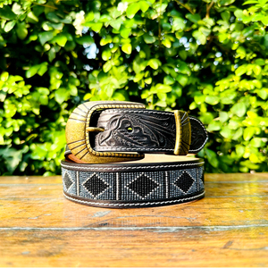 Heritage เข็มขัดหนังแท้ประดับด้วยลูกปัดสไตล์ตะวันตก90s เข็มขัดหนังวัวสีดำประดับด้วยลูกปัดสไตล์อเมริกันแบบใหม่ - Product Image 1