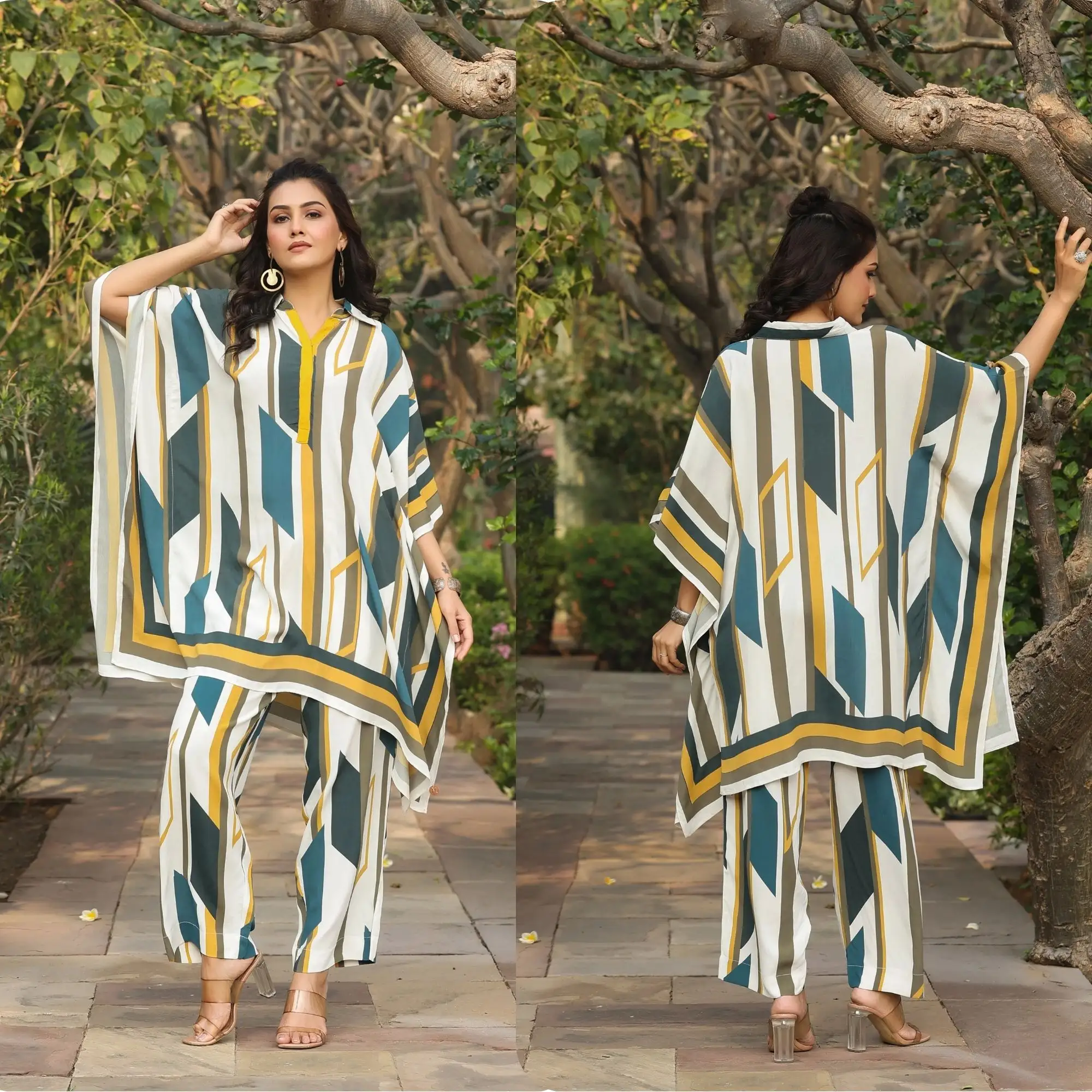 En demande populaire géométrique imprimé femmes caftan Style tenue décontracté imprimé haut + pantalon co-ord ensembles