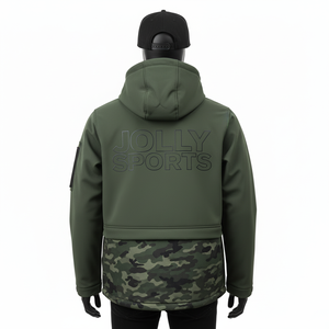 Chaqueta Softshell Premium GSM para Hombre, Color Verde Oliva con Panel de Camuflaje, Personalización de Logotipo de Alta Densidad, Chaqueta Softshell para Hombre - Product Image 2