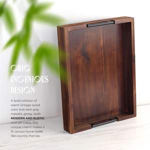 Plateau de rangement en bois massif de qualité supérieure avec poignées latérales en métal noir robustes, cadre profond pour cuisine, salle à manger, table basse, décoration intérieure - Product Image 5