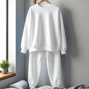 Survêtement unisexe bleu uni, col rond, manches longues, coupe ample, décontracté, pour l'automne, 100% coton, poids moyen, taille élastique - Product Image 2