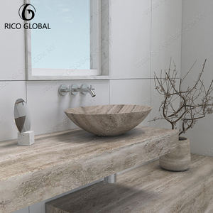 อ่างล้างหน้าหินอ่อนทราเวอร์ทีนสีเงินเทาสุดหรู อ่างหินธรรมชาติสำหรับห้องน้ำ ดีไซน์ทันสมัย ลายเส้นสวยงาม สำหรับวางบนเคาน์เตอร์ในห้องน้ำ - Product Image 5