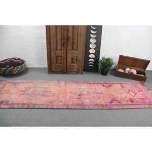 Vintage 2.9x10.8 ft Wool Turkish <b>Runner</b> <b>Rug</b> Pink Ikat Patchwork Design Eco-Friendly Latex Backing - Product Image 3