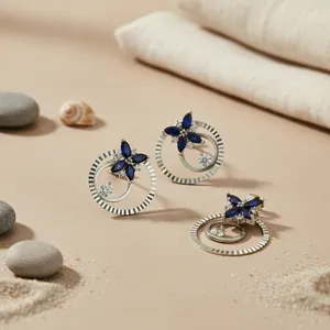 Ensemble de boucles d'oreilles et bague en argent 925 avec saphir bleu en forme de fleur, bijoux minimalistes pour femmes, ensembles de bijoux fins, cadeau - Product Image 1