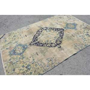 <b>Vintage</b> Turkish <b>Rug</b> Beige Blue 5.3 X 8.1ft Classic Large Area Wool Latex Backing Rectangular Patchwork for Hallway Room Room <b>Rug</b> - Product Image 2