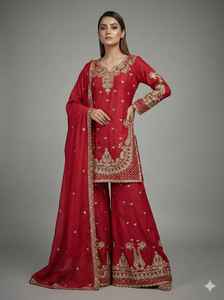 Eid Special Designer Fantaisie Pure Chinnon et Cording Séquence Broderie Travail Top et Pantalon avec Dupatta - Product Image 6