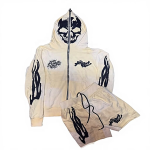 Conjunto de Sudadera con Capucha y Pantalones Cortos de Algodón 100% Transpirable con Cremallera, Estilo Streetwear, Efecto Desgastado por el Sol y Lavado Ácido, Personalizado, para Invierno - Product Image 1