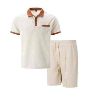 2025 <b>summer</b> new <b>men</b> waffle pocket color matching POLO <b>shirt</b> short sleeve <b>shirt</b> Cotton T-<b>shirt</b> shorts breathable two piece sets - Product Image 1
