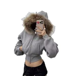 Nouveau sweat-shirt à capuche de style américain, veste zippée, design court d'hiver, haut de vêtement d'extérieur, col rond, style de banlieue, peau de mouton, coton - Product Image 1