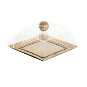 Plateau de service de table pour réceptions de mariage avec couvercle en acrylique, finition plaquée or, plateau de service en métal avec couvercle en acrylique - Product Image 1